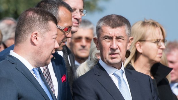 Andrej Babiš s Jaroslavem Foldynou a Tomiem Okamurou