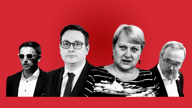 Kdo pro letošní volby změnil stranický dres? Zleva Jiří Zimola kandidující za Přísahu, Jan Lipavský za Spolu, Liana Janáčková za Motoristy a Jiří Kobza za Stačilo!
