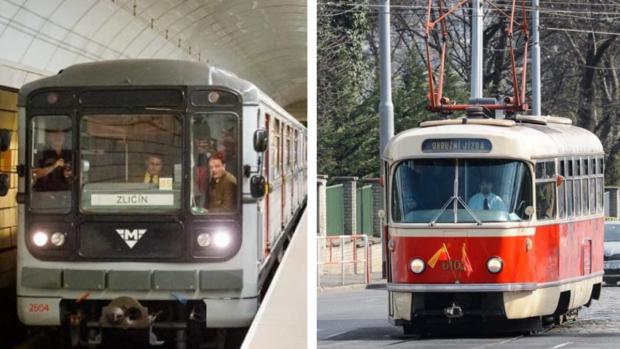 Historická souprava metra typu 81-71 a tramvaj T3 s evidenčním číslem 6102.