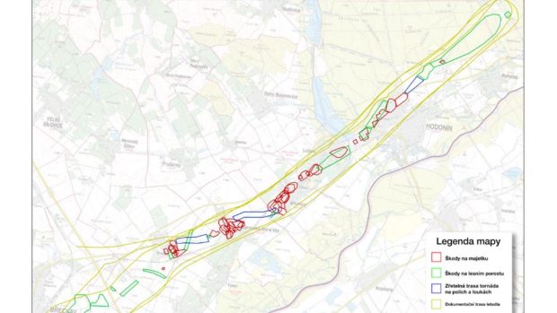 Mapa s vyznačením škod po tornádu na jižní Moravě 24. 6. 2021 zjištěných leteckým průzkumem.