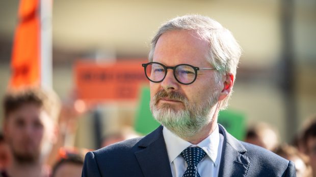Premiér Petr Fiala (ODS) na zahájení předvolební roadshow koalice Spolu nazvané Teď jde o všechno! v Praze