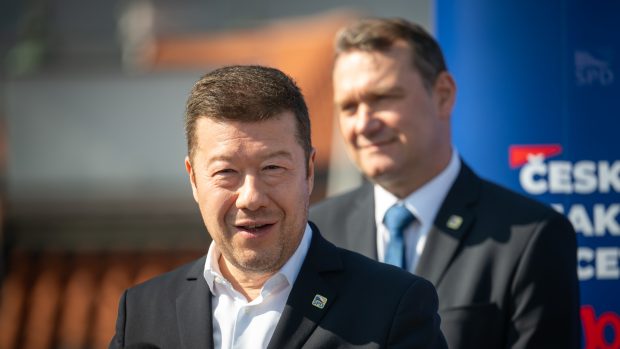 Předseda hnutí SPD Tomio Okamura na tiskové konferenci k oznámení koalice do sněmovních voleb
