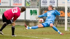 Utkání 18. kola první fotbalové ligy SK Dynamo České Budějovice - FK Teplice 27. února v Českých Budějovicích. Útočník Budějovic Zdeněk Ondrášek střílí druhý gól teplickému brankářovi Tomášovi Grigarovi