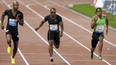 Asafa Powell, Walter Dix a Yohan Blake (zleva) v závodě Diamantové ligy v Curychu