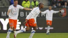 Montpellier&#039;s Souleymane Camara (R) celebrates with team mates after scoring against Stade Rennes at the Route de Lorient stadium in Rennes, May 7, 2012