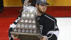 Los Angeles Kings goalie Jonathan Quick  holds the Conn Smythe Trophy after being named MVP after his team defeated the New Jersey Devils in Game 6 of the NHL Stanley Cup hockey final in Los Angeles, June 11, 2012