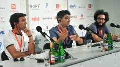 Tisková konference s tvůrci filmu Na slaměné cestě, (zleva) Victor Correia, Rodrigo Areias a Jorge Quintela