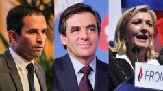 Francouzští prezidentští kandidáti. Zleva: socialista Benoit Hamon, republikán Francois Fillon a předsedkyně Národní fronty Marine Le Penová