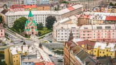 Výhled na pravoslavný chrám svatého Gorazda v Olomouci a stejnojmenné náměstí