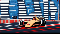 Ilustrace vygenerovaná ve Stable Diffusion na základě zadání „F1 Grand Prix race on a street race track, fast F1 cars, a dark dystopian metropolis, night race, artificial light, skyscapers, palm trees, illustration in the style of a 1980s video game“