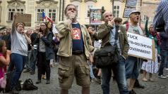 Lidé si na demonstraci přinesli transparenty i píšťalky.