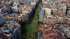 Demonstranti obsadili centrum Barcelony. Vytvořili tak obrazec kříže