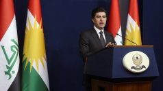 Premiér kurského regionu Nechirvan Barzani na tiskové konferenci