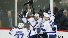 Útočník Ondřej Palát se svými spoluhráči z týmu Tampa Bay Lightning slaví gól (ilustrační foto)