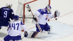 Brankář Patrik Rybár zasahuje proti střele Francouzů v zápase na mistrovství světa