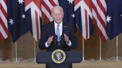 Australský premiér Scott Morrison, americký prezident Joe Biden a britský premiér Boris Johnson