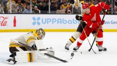 Alex DeBrincat se pokouší o dorážku proti Jeremymu Swaymanovi
