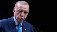 Turecký prezident Tayyip Erdogan během tiskové konference s řeckým premiérem Kyriakosem Mitsotakisem (není vidět) v prezidentském paláci v Ankaře, 13. května 2024