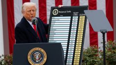 Americký prezident Donald Trump hovoří o clech v Růžové zahradě Bílého domu ve Washingtonu, D.C., USA, 2. dubna 2025