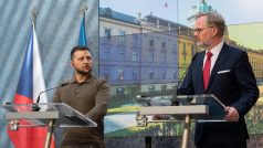 Volodymyr Zelenskyj a Petr Fiala na tiskové konferenci v Praze