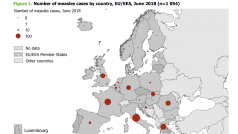 Mapa výskytu spalniček  v zemích Evropské unie a Evropského hospodářského prostoru v červnu 2018