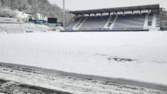 Zasněžená zlínská Letná před zrušeným zápasem 17. kola Fortuna Ligy