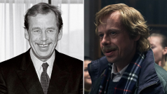 Václav Havel (při návštěvě Evropského parlamentu v roce 1991) a jeho filmový představitel Viktor Dvořák