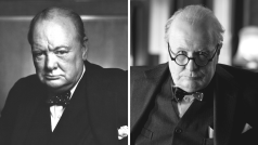 Vlevo: Winston Churchill; Vpravo: Gary Oldman jako Winston Churchill ve filmu Nejtemnější hodina