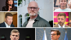 Lídři stran ve Středočeském kraji. Zleva Jana Bobošíková (za Stačilo!), Robert Plaga (za ANO), Ivan Bartoš (Piráti), Tomio Okamura (SPD), Vít Rakušan (STAN), Filip Turek (za Motoristé sobě), Martin Kupka (ODS, Spolu)