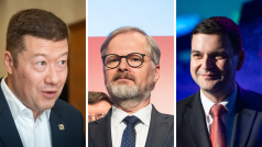 Zleva předsedové SPD Tomio Okamura, ODS Petr Fiala a Motoristů sobě Petr Macinka