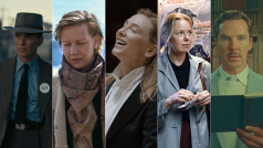 Výběr z filmů roku 2023: (zleva) Oppenheimer, Anatomie pádu, Tár, Karaoke Blues, Podivuhodný příběh Henryho Sugara