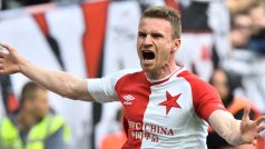 Bosenský hráč Muris Mešanović z SK Slavia Praha se raduje po gólu, který vstřelil do branky FK Dukla Praha.