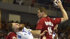 Tomáš Babák střílí přes Arona Palmarssona z Islandu.