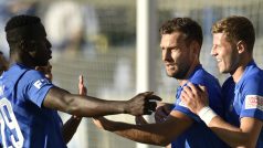 Fotbalisté Liberce se radují ze vstřeleného gólu