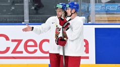 David Pastrňák a Martin Nečas na tréninku hokejové reprezentace