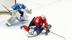Švýcar Nino Niederreiter v souboji s obráncem Alikhanem Omirbekovem z Kazachstánu
