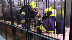 Hasiči předvádí pohyb v klecovém polygonu při jeho slavnostním otevření ve Středisku praktického výcviku v Hamrech