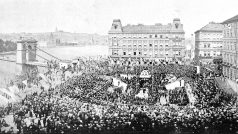 Slavnostní pokládání základního kamene Národního divadla v Praze, 16. května 1868, dobové vyobrazení. Reprodukce z časopisu Zlatá Praha č. 33/1908, str. 378.