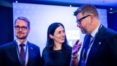 Volební sněm TOP 09, 8. listopadu 2025, Praha. Zleva nově zvolený předseda strany Matěj Ondřej Havel, dosavadní předsedkyně Markéta Pekarová Adamová a nově zvolený první místopředseda Jiří Pospíšil