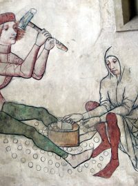 Mincíři na fresce z chrámu svaté Barbory v Kutné Hoře