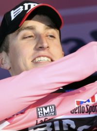 BMC rider Taylor Phinney  of the U.S. wears the lead rider&#039;s pink jersey on the podium after winning the opening time trial of the Giro d&#039;Italia in Herning May 5, 2012