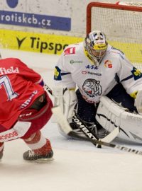 Utkání 3. kola extraligy HC Mountfield České Budějovice - Bílí Tygři Liberec 21. září v Českých Budějovicích. Peter Frühauf a Ondřej Pavelec z Liberce.