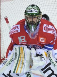 Utkání Euro Hockey Tour, turnaj Karjala, ČR - Švédsko 7. listopadu v Liberci. Český brankář Alexander Salák.