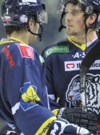 Utkání 28. kola hokejové extraligy Bílí Tygři Liberec - HC Sparta Praha 4. prosince v Liberci. Liberecký útočník Jan Víšek (vpravo).