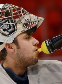 Ondřej Pavelec na tréninku reprezentace v dějišti hokejového MS