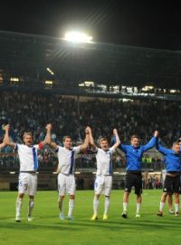 Odvetné utkání 4. předkola fotbalové Evropské ligy Slovan Liberec - Udinese Calcio 29. srpna v Liberci. Radost libereckých hráčů.