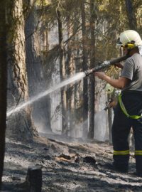 U Dobříva na Rokycansku hoří les. Požár pomáhají hasit dva vrtulníky, hasiči