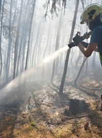 U Dobříva na Rokycansku hoří les. Požár pomáhají hasit dva vrtulníky, hasiči