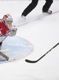 Rozhodující okamžik zápasu. Nico Hischier překonává Škarka