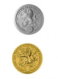 Mince v nominální hodnotě 100 milionů korun ke 100. výročí vzniku československé koruny. Nahoře je umělecký návrh, dole zlatá mince s hmotností 130 kilogramů